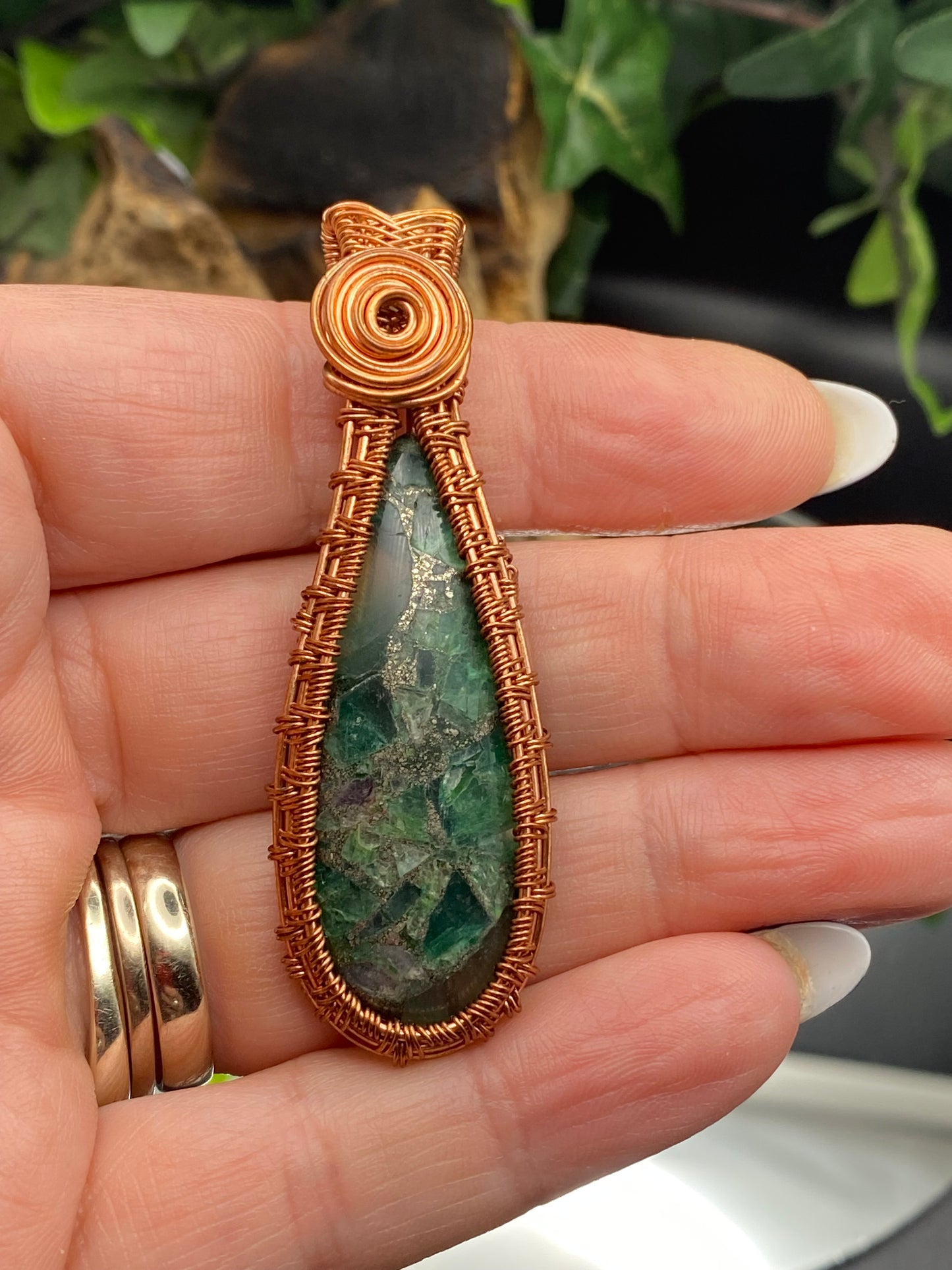 Fluorite and Pyrite Wrapped Pendant, Unique Handmade Necklace