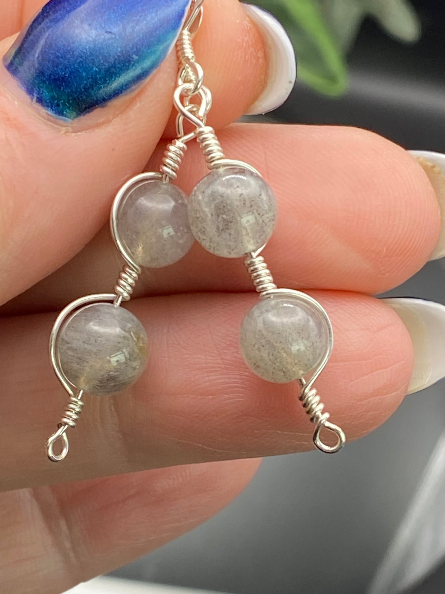 Labradorite and Silver Wrapped Earrings, Unique Crystal Earrings
