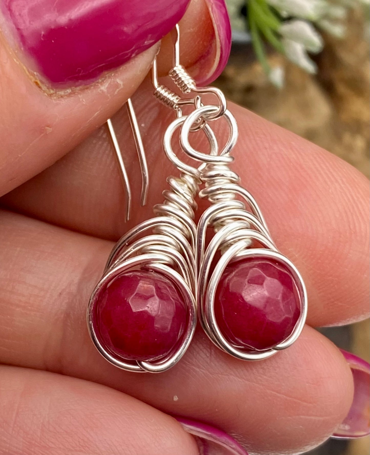 Ruby Red Gemstone and Silver Herringbone Wrapped Crystal Earrings, July Birthstone, Handcrafted Unique Gift