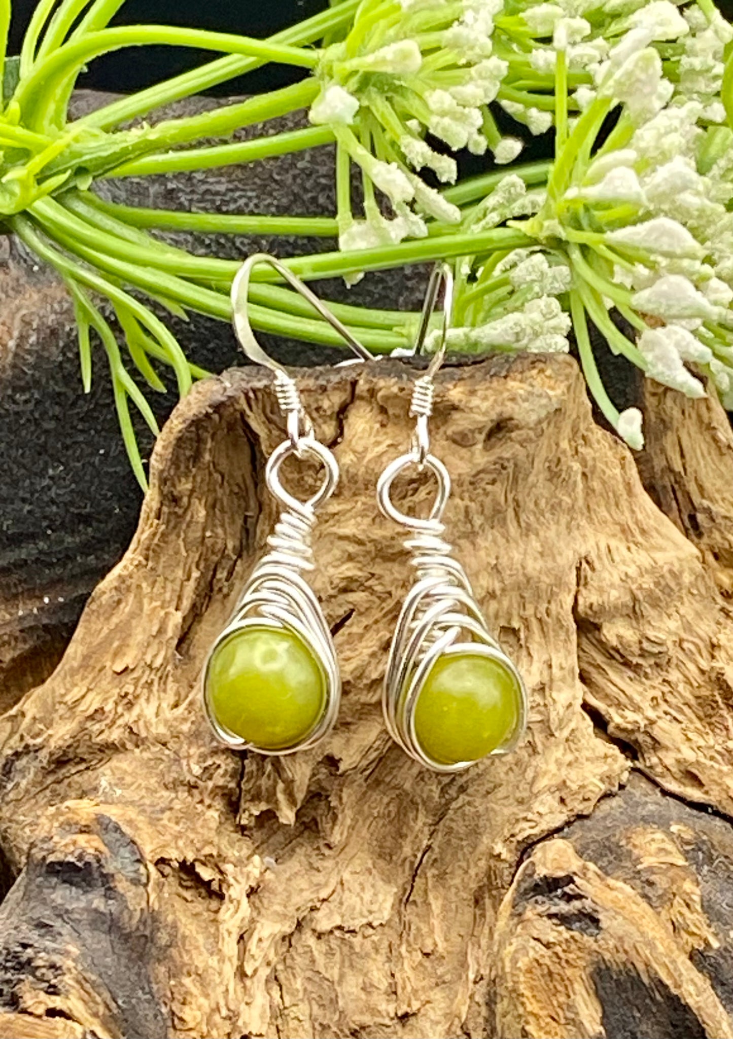 Peridot Gemstone and Silver Herringbone Wrapped Crystal Earrings, August Birthstone, Handcrafted Unique Gift
