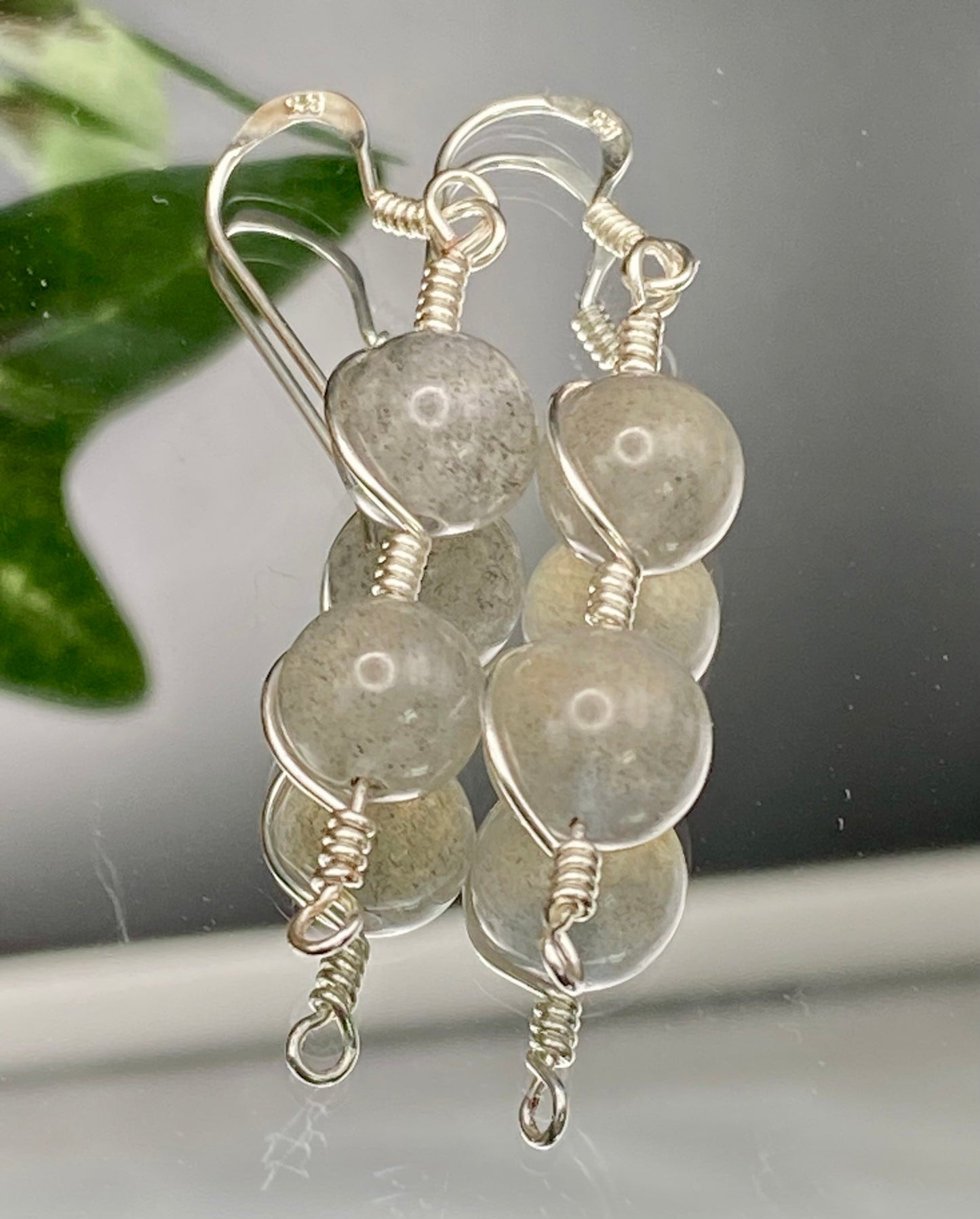 Labradorite and Silver Wrapped Earrings, Unique Crystal Earrings