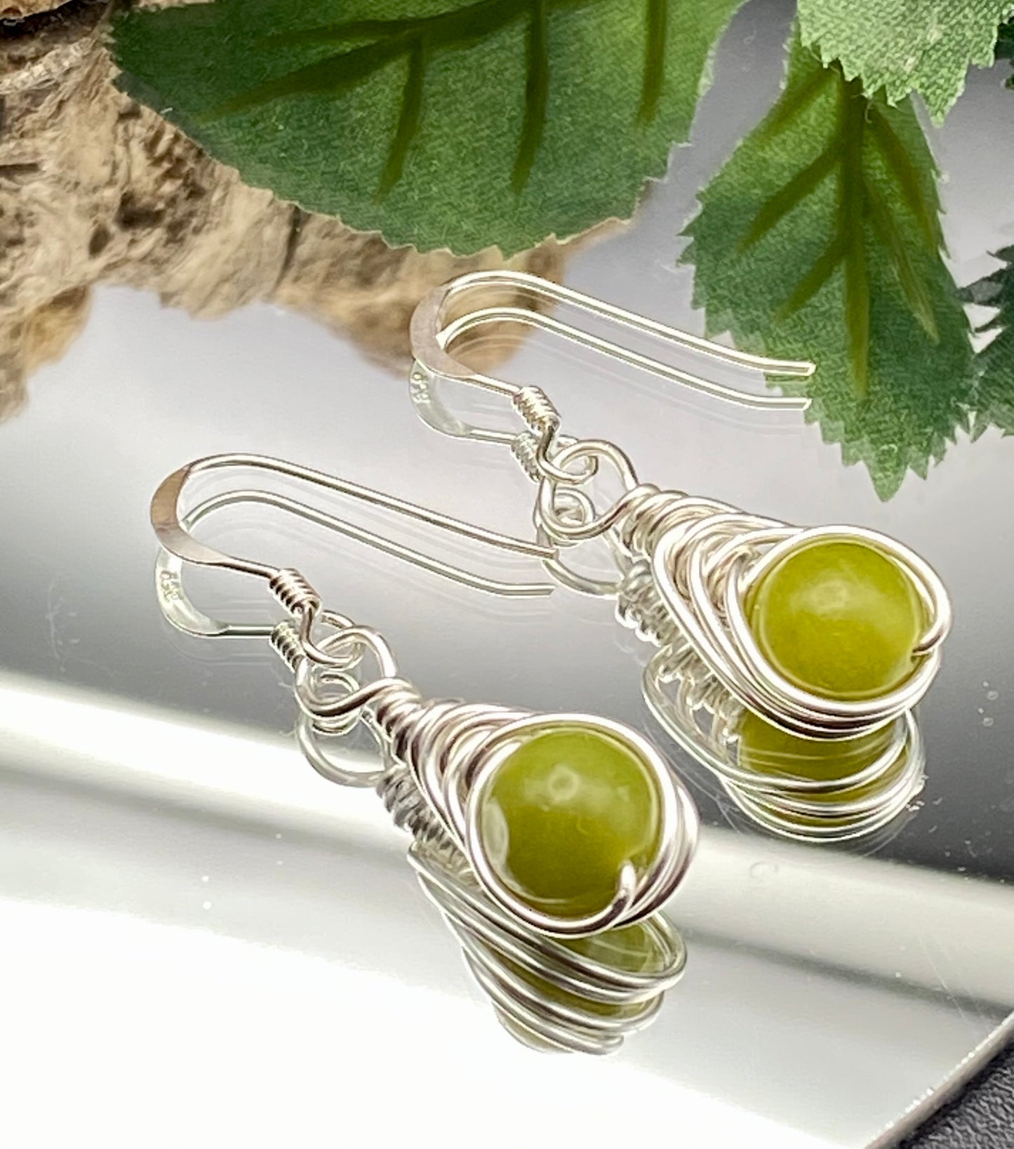 Peridot Gemstone and Silver Herringbone Wrapped Crystal Earrings, August Birthstone, Handcrafted Unique Gift