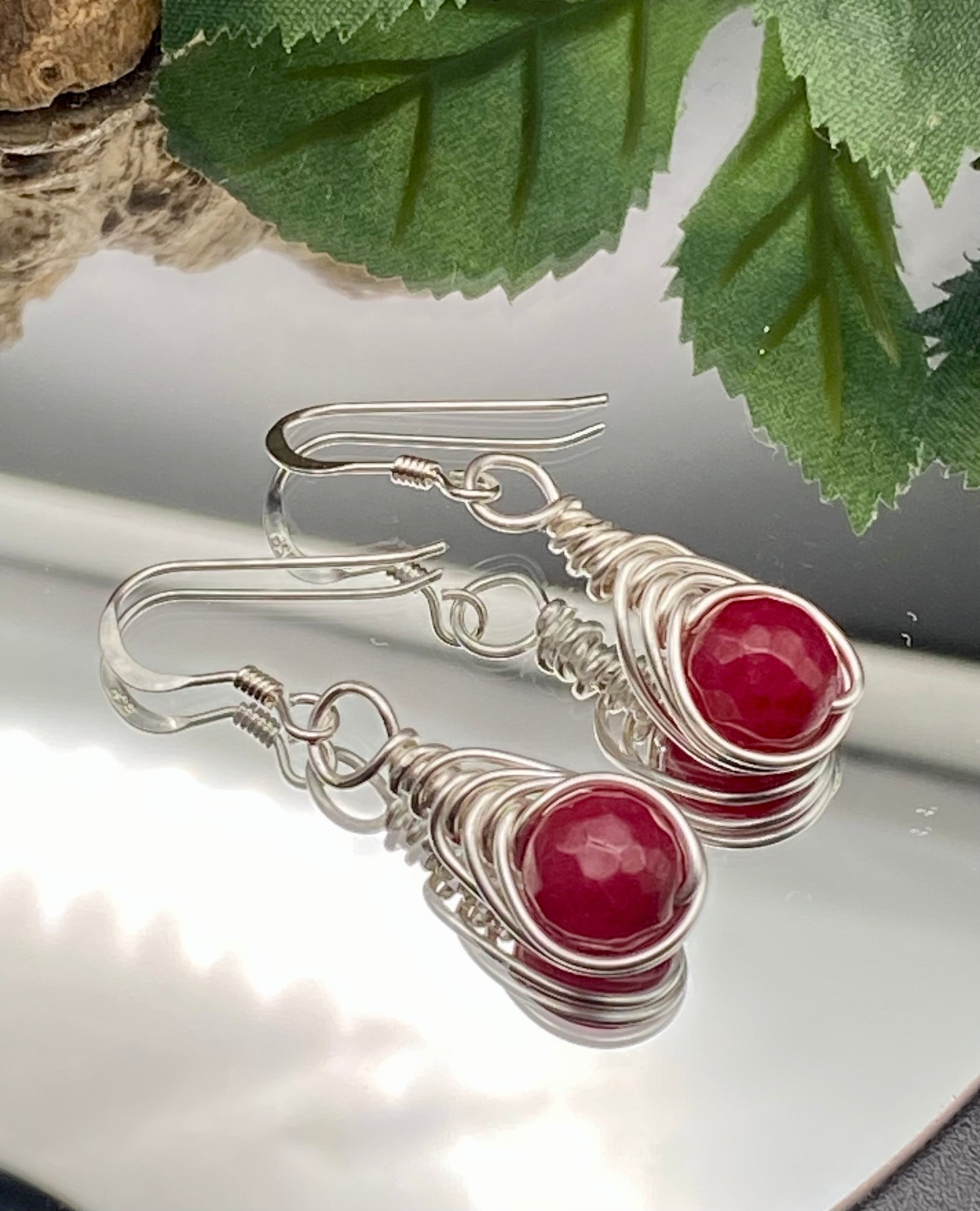 Ruby Red Gemstone and Silver Herringbone Wrapped Crystal Earrings, July Birthstone, Handcrafted Unique Gift