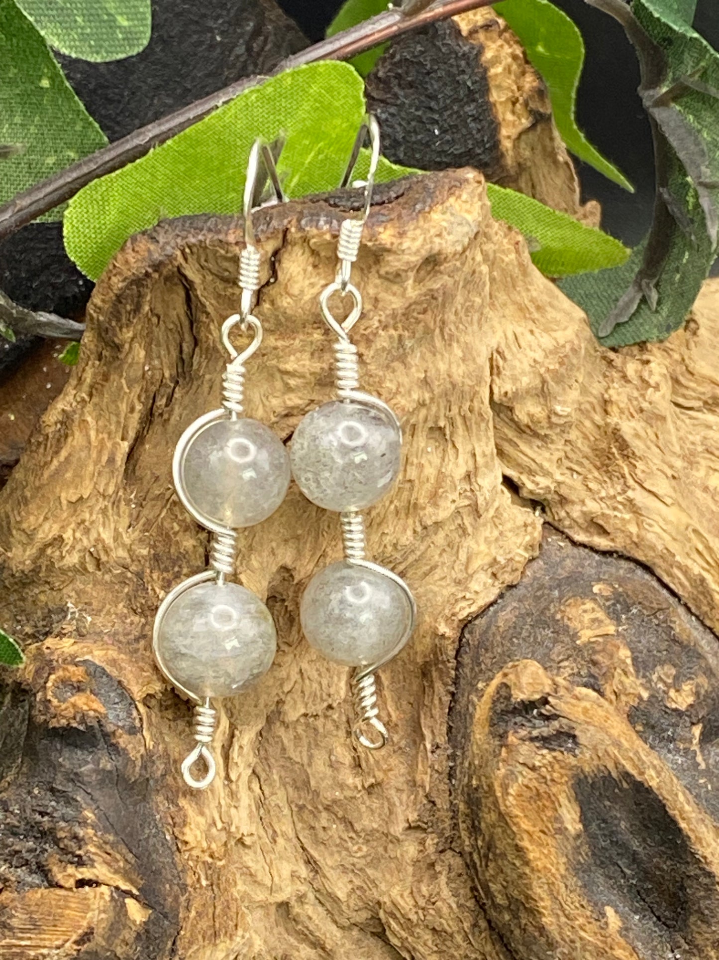 Labradorite and Silver Wrapped Earrings, Unique Crystal Earrings