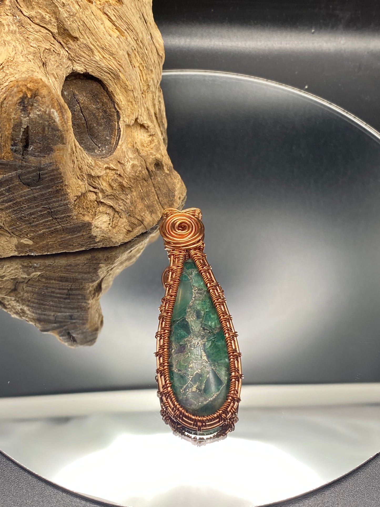Fluorite and Pyrite Wrapped Pendant, Unique Handmade Necklace