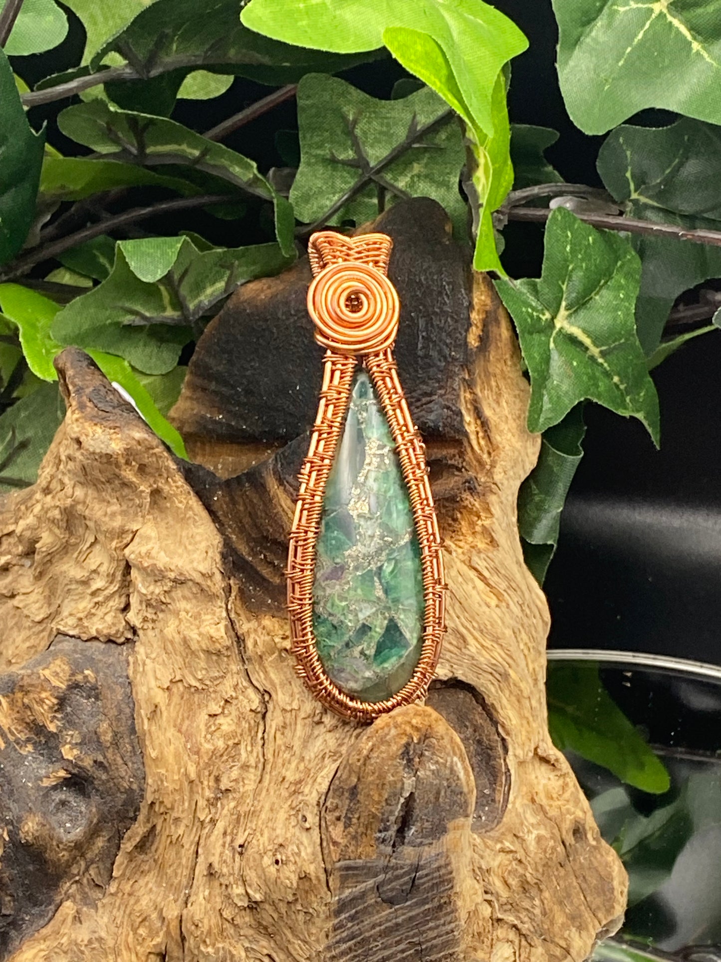 Fluorite and Pyrite Wrapped Pendant, Unique Handmade Necklace