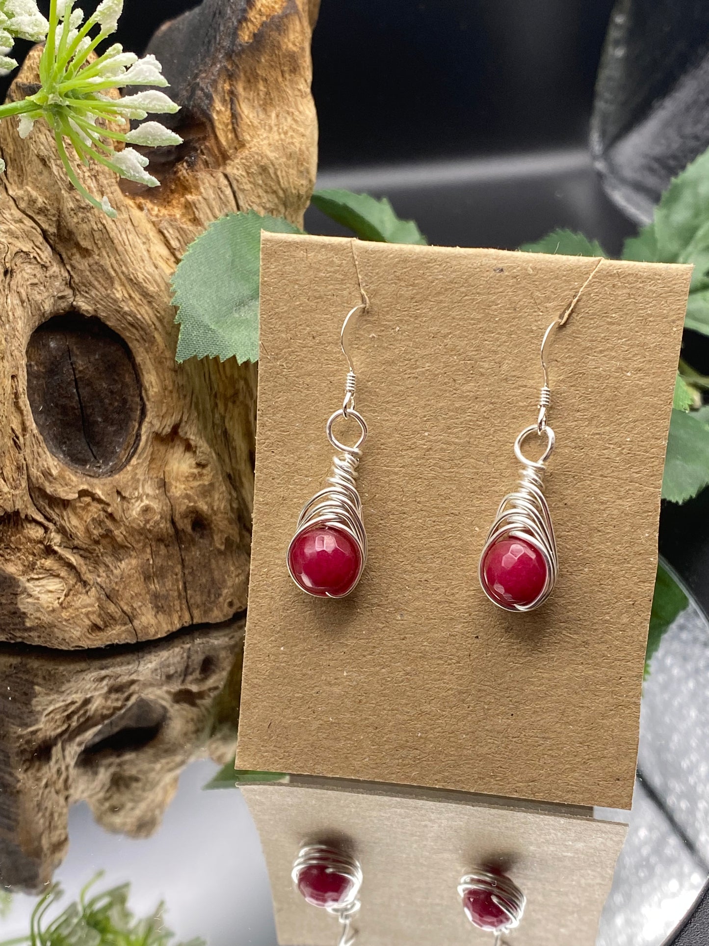 Ruby Red Gemstone and Silver Herringbone Wrapped Crystal Earrings, July Birthstone, Handcrafted Unique Gift
