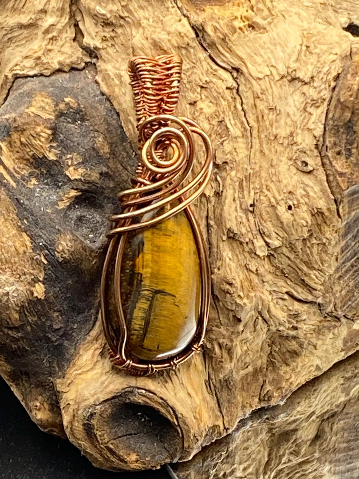 Handmade Copper Wire Wrapped Tigers Eye Pendant Necklace