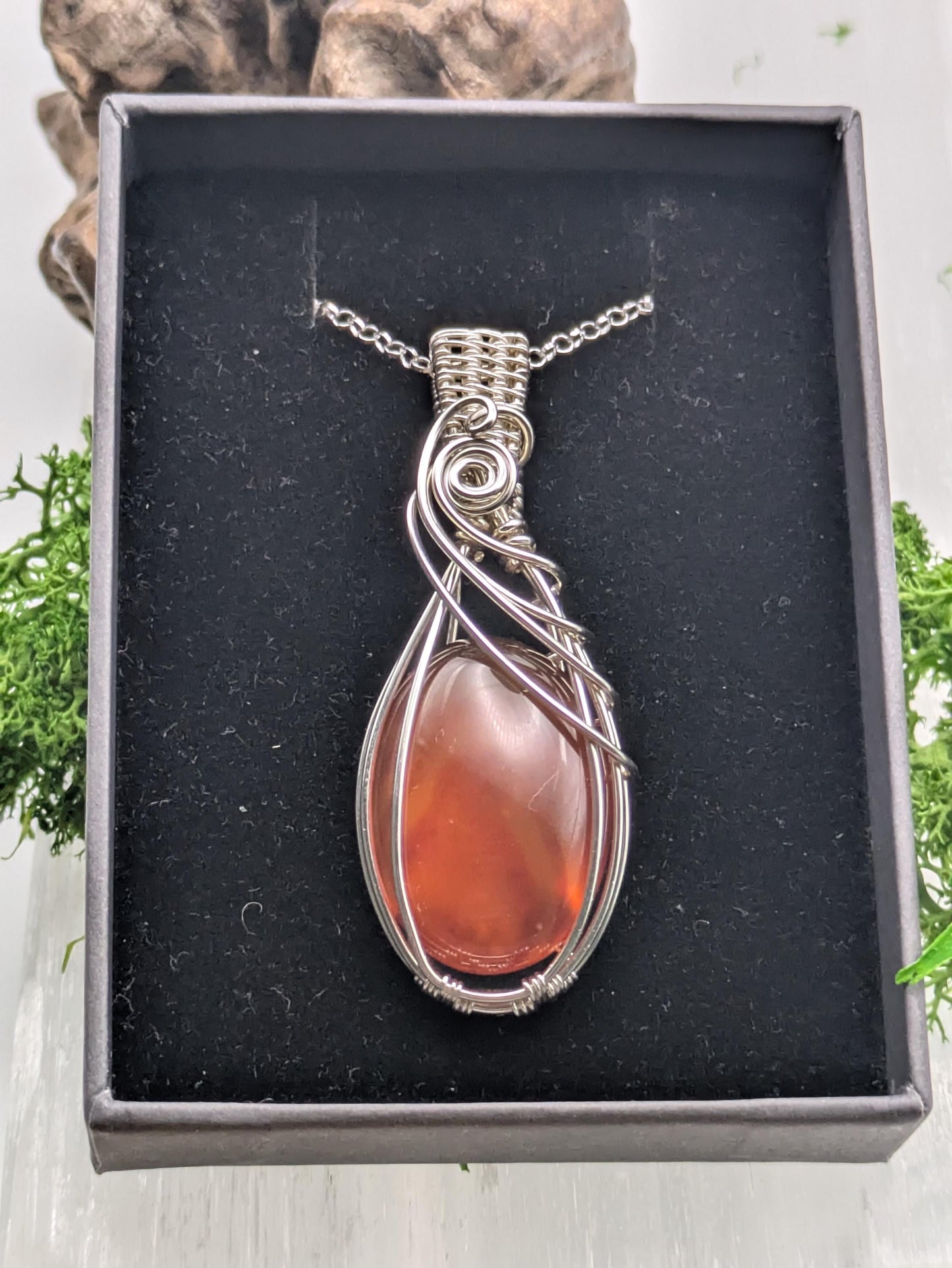 Carnelian Pendant, Sterling Silver Wire-Wrapped Necklace for Vitality & Creative Flow