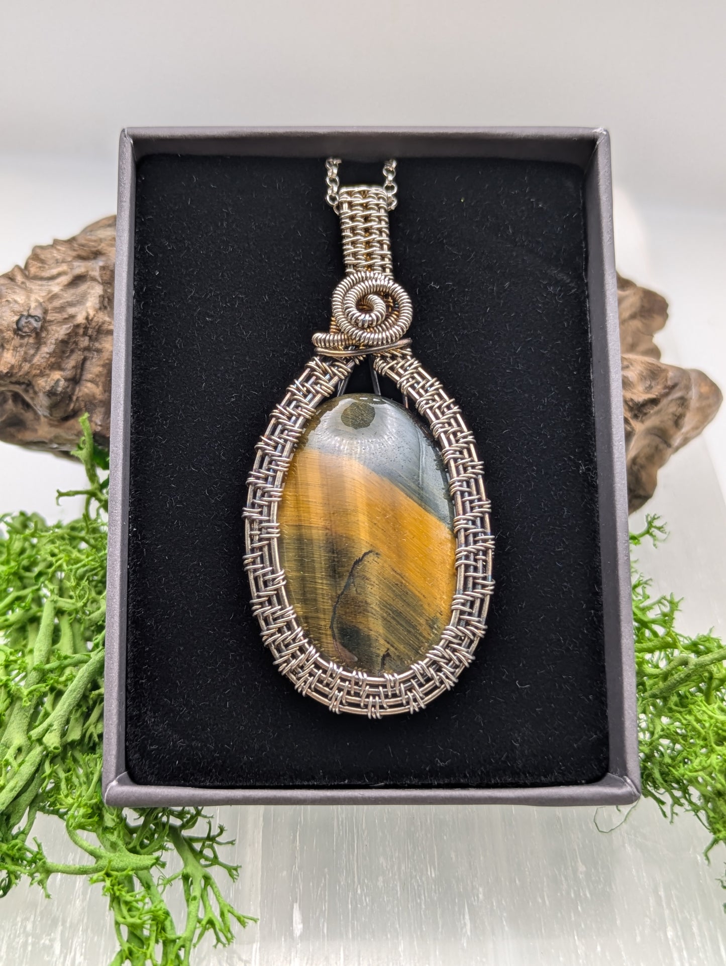Antiqued Tiger’s Eye Pendant, Hand-Wrapped in Sterling Silver