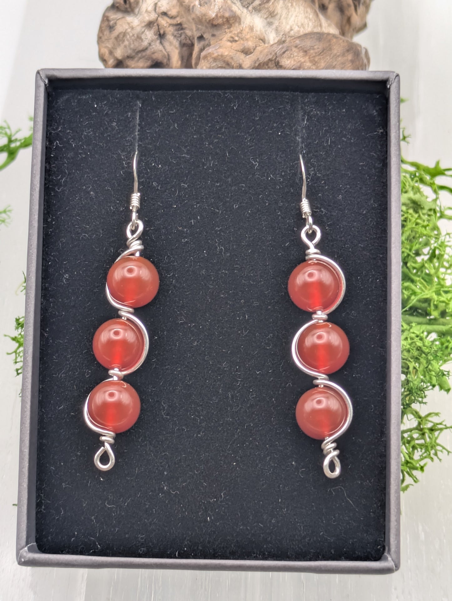 Triple Drop Carnelian Earrings, Silver Wire-Wrapped Gemstone Dangles for Passion & Motivation