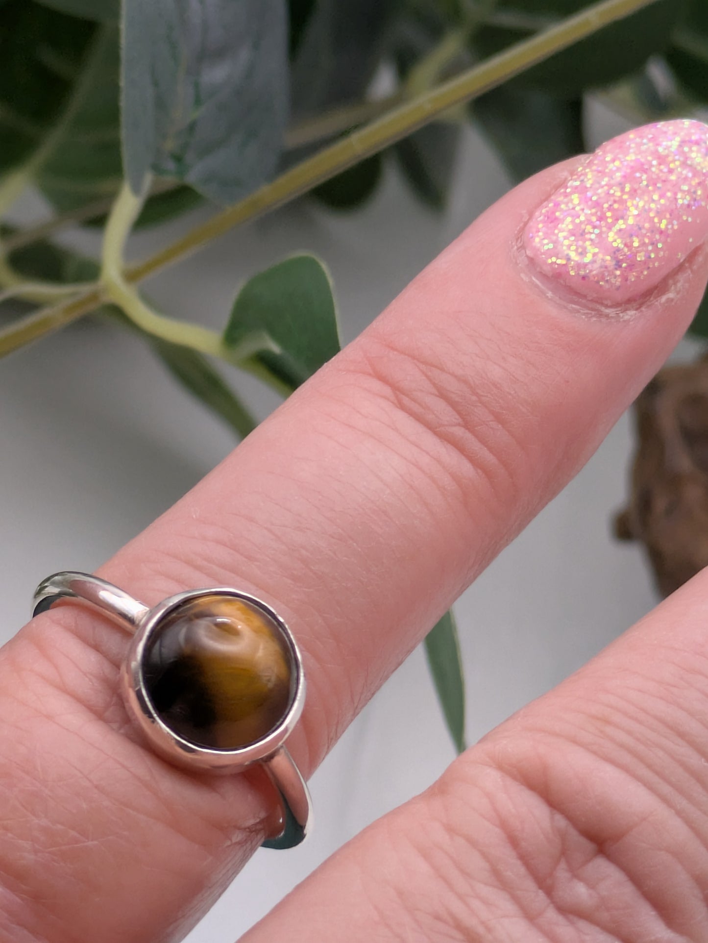 <img src="tigers-eye-ring.jpg" alt="Handmade Tiger's Eye ring in recycled sterling silver, UK size R, a bold crystal healing statement piece for strength and grounding">