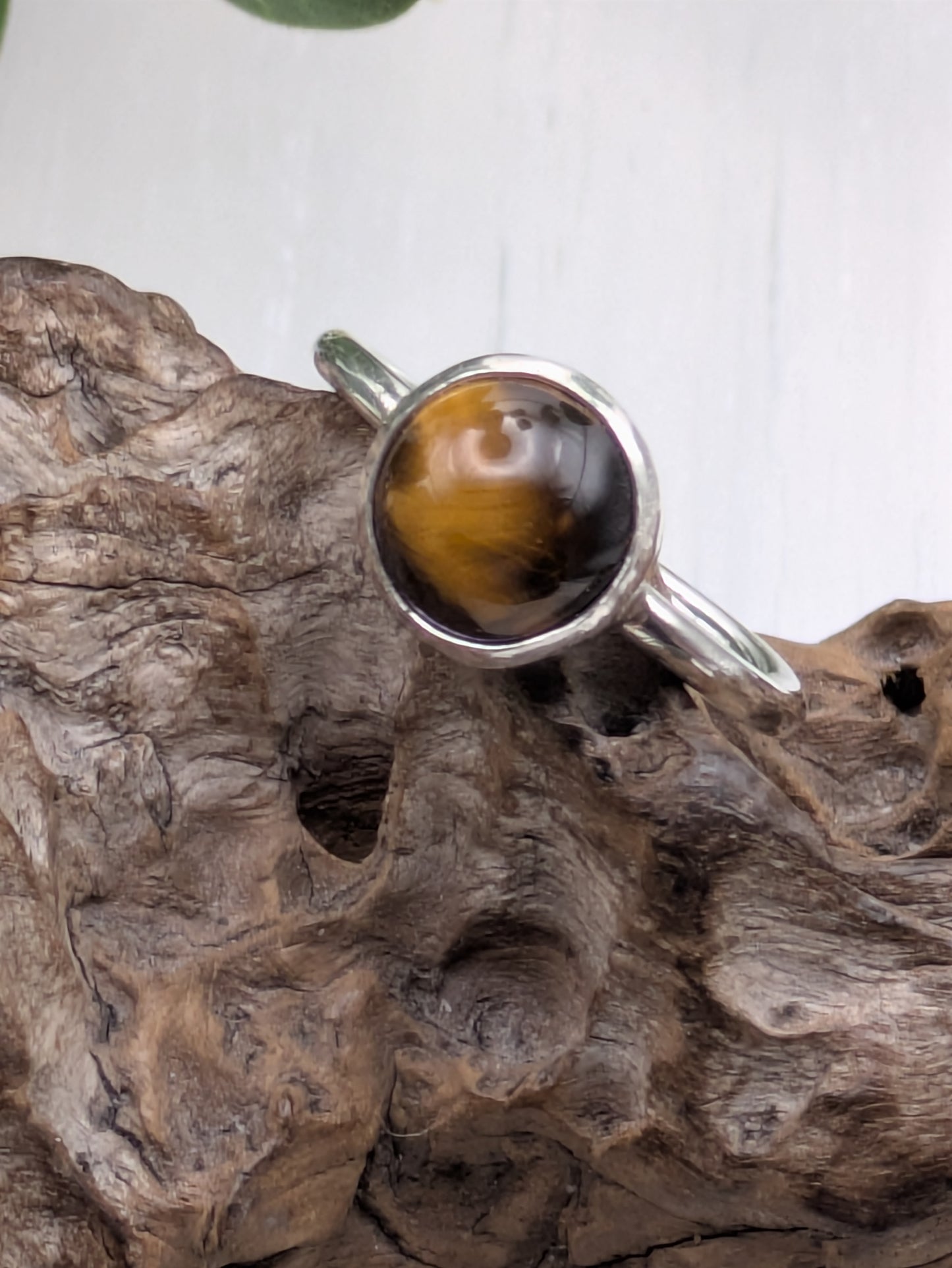 <img src="tigers-eye-ring.jpg" alt="Handmade Tiger's Eye ring in recycled sterling silver, UK size R, a bold crystal healing statement piece for strength and grounding">