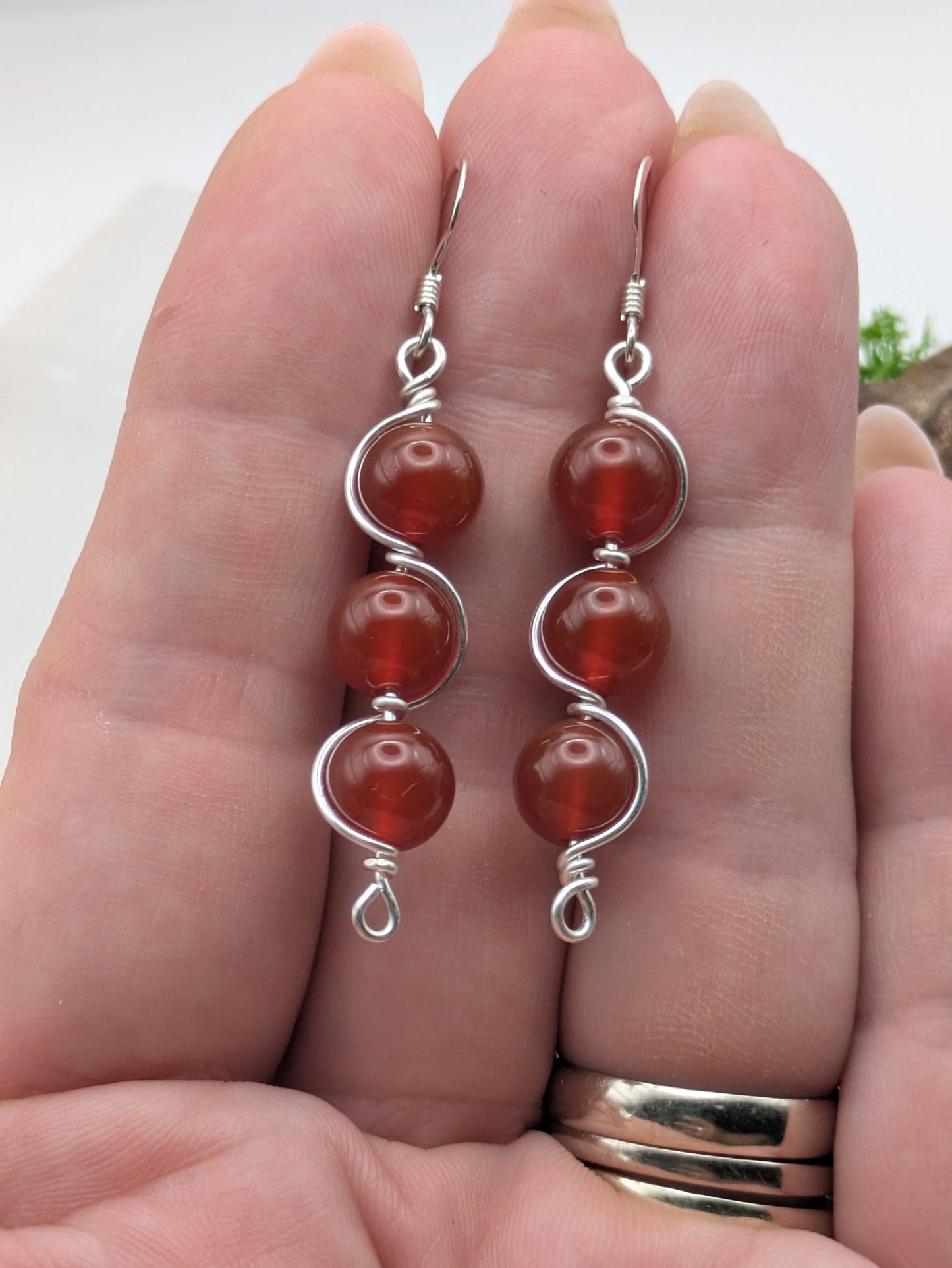 Triple Drop Carnelian Earrings, Silver Wire-Wrapped Gemstone Dangles for Passion & Motivation