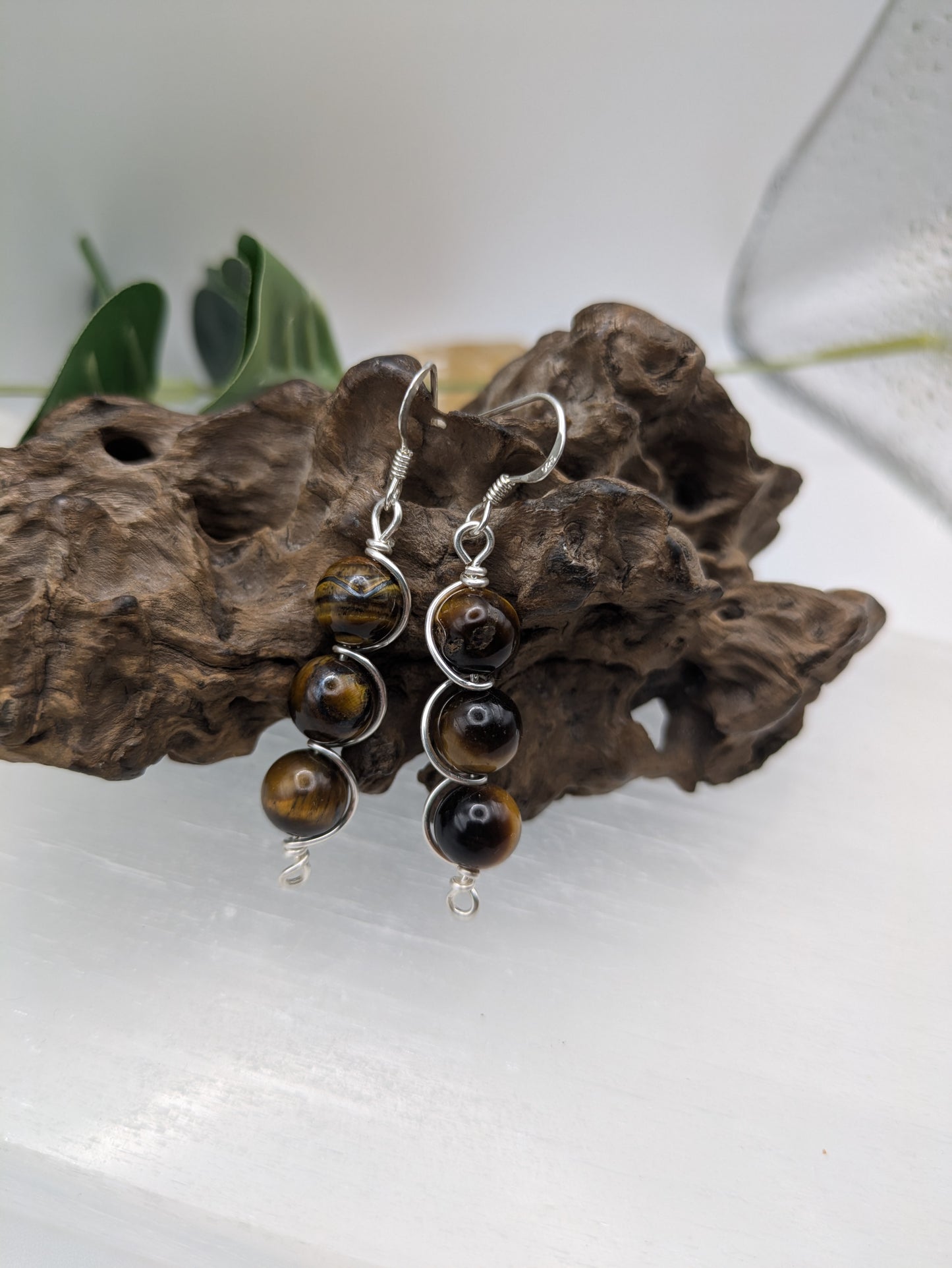 Triple Drop Tigers Eye Earrings, Silver Wrapped for Strength, Balance & Flow