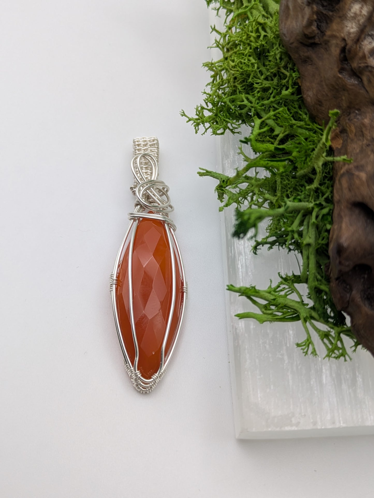 Faceted Marquis Carnelian Pendant, Hand-Wrapped in Sterling Silver