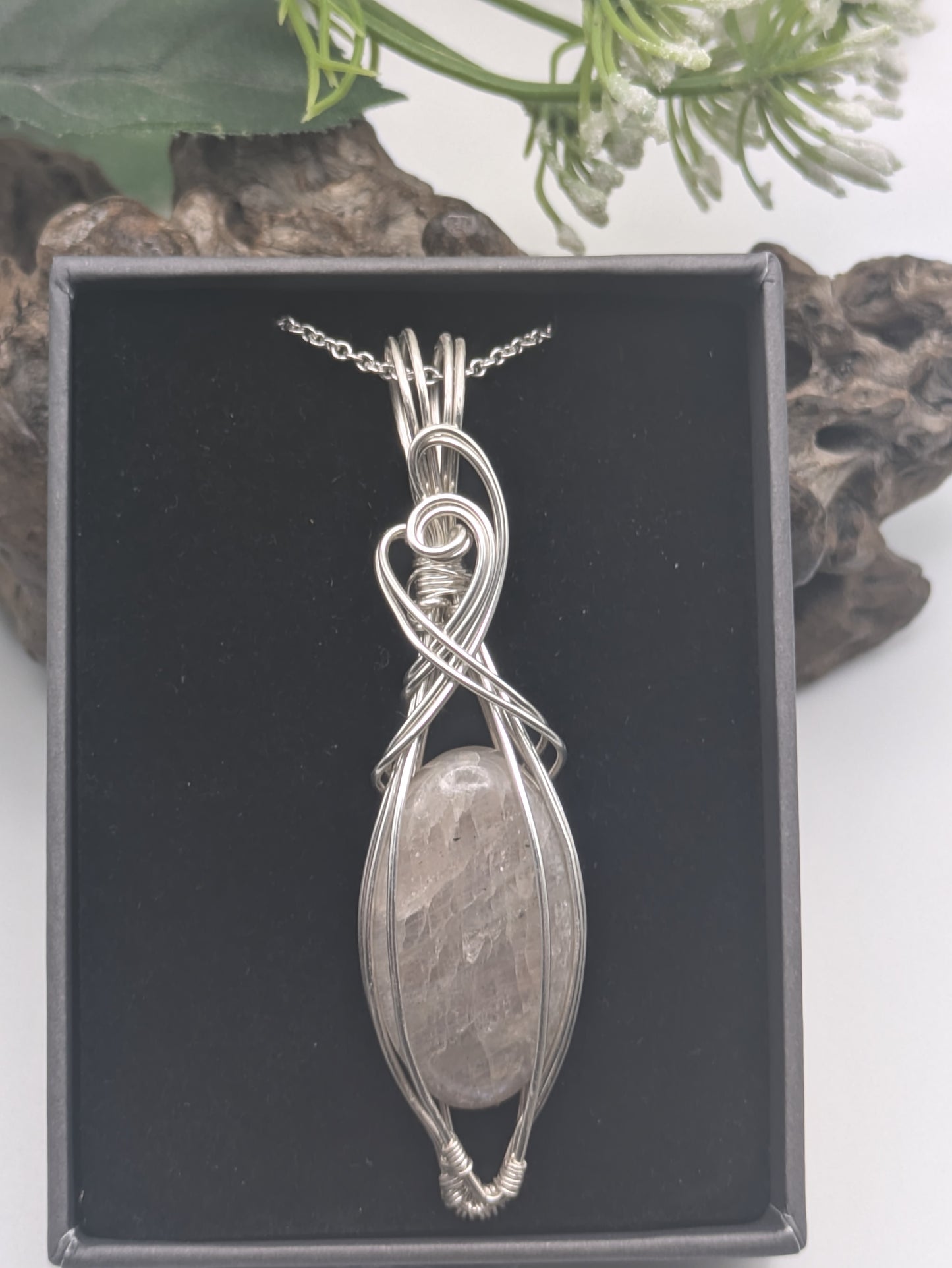 Handcrafted belomorite necklace in sterling silver—designed to reflect intuition, feminine energy, and lunar light