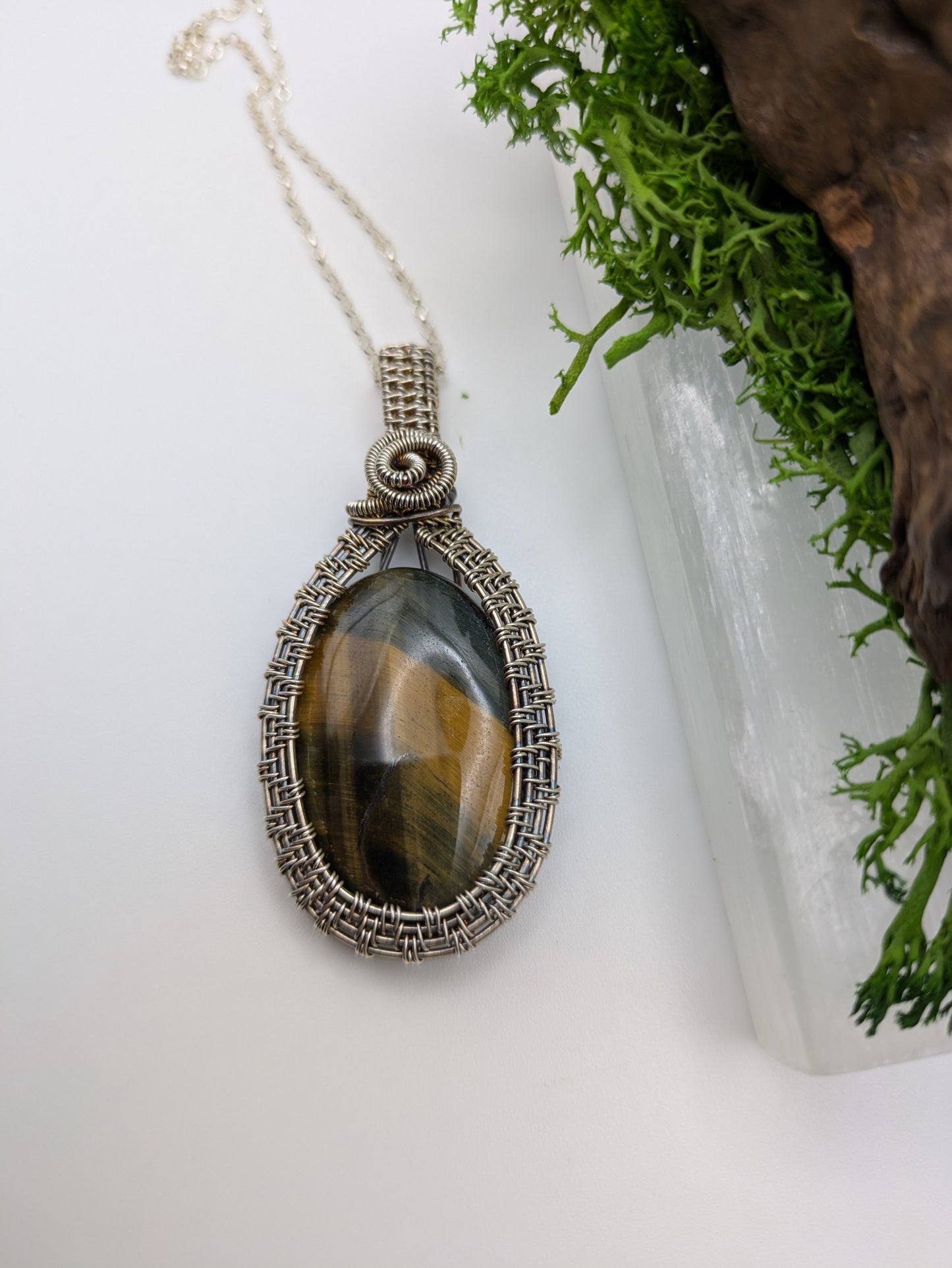 Antiqued Tiger’s Eye Pendant, Hand-Wrapped in Sterling Silver