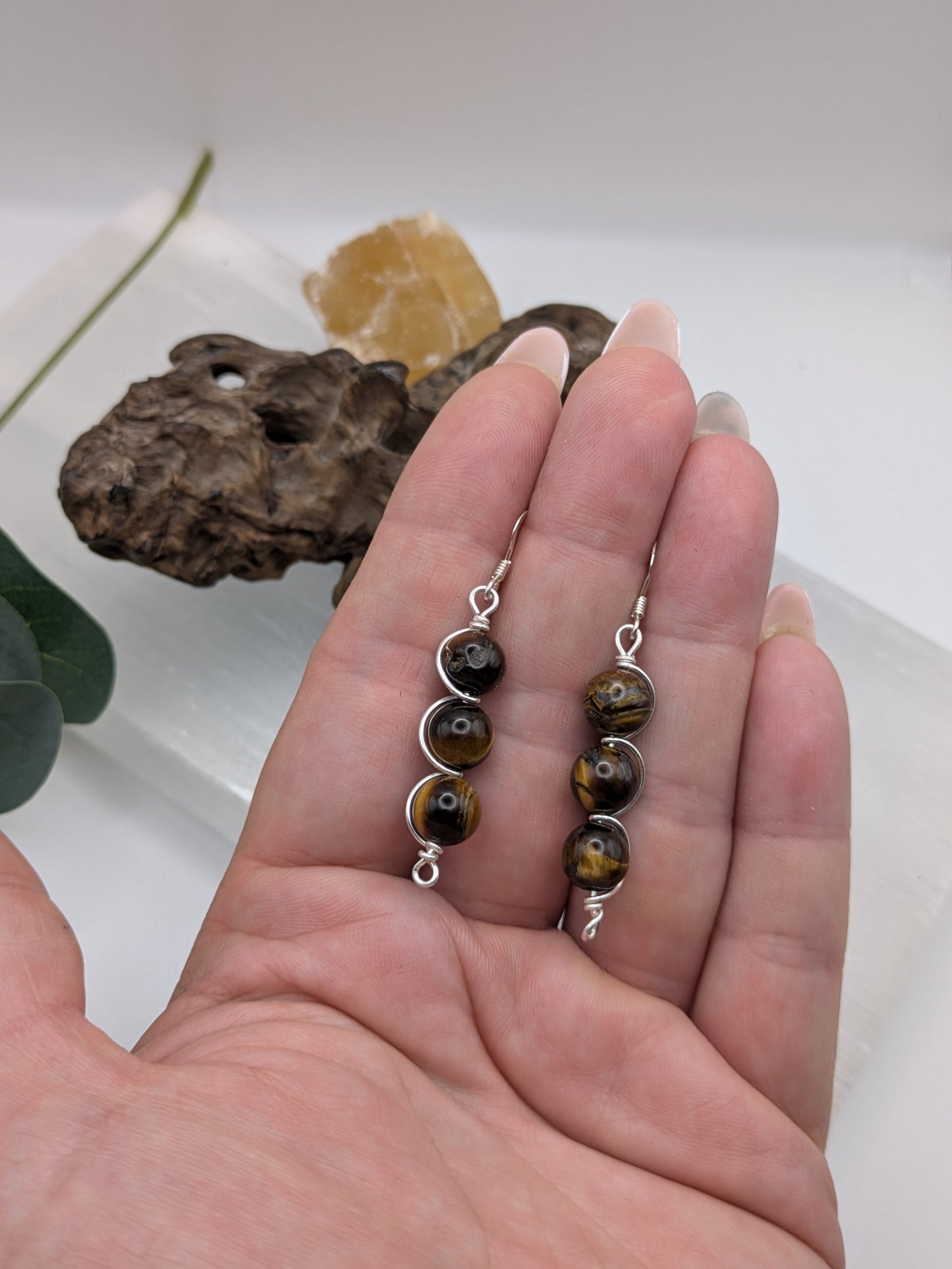 Triple Drop Tigers Eye Earrings, Silver Wrapped for Strength, Balance & Flow