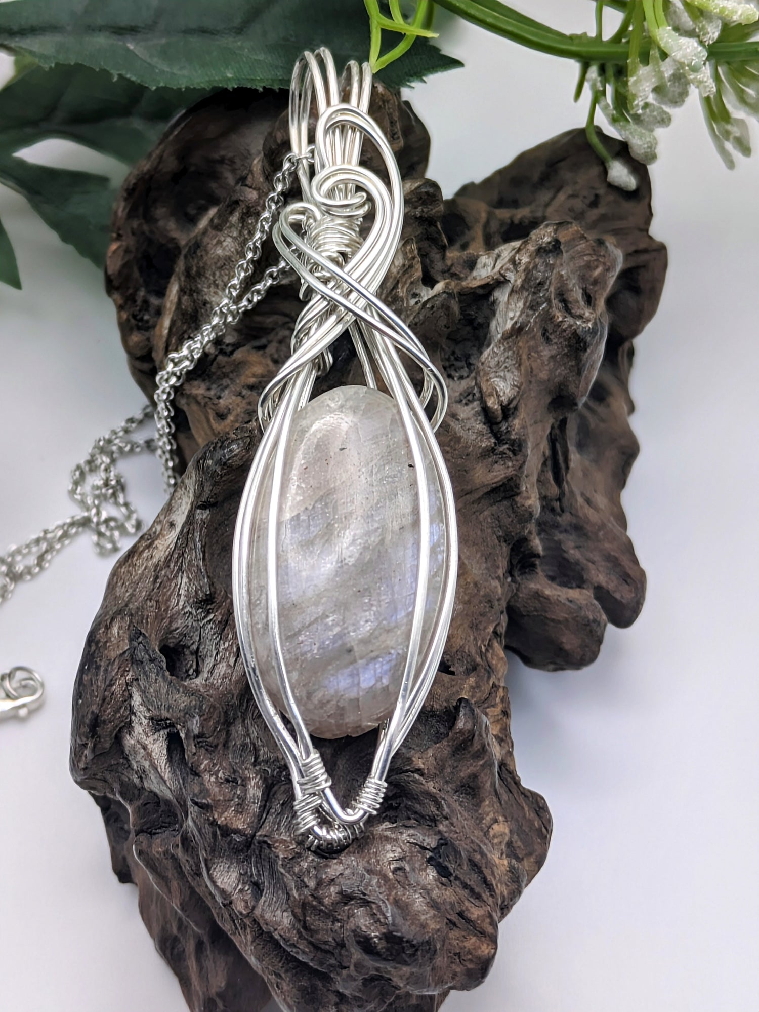 Handcrafted belomorite necklace in sterling silver designed to reflect intuition, feminine energy, and lunar light