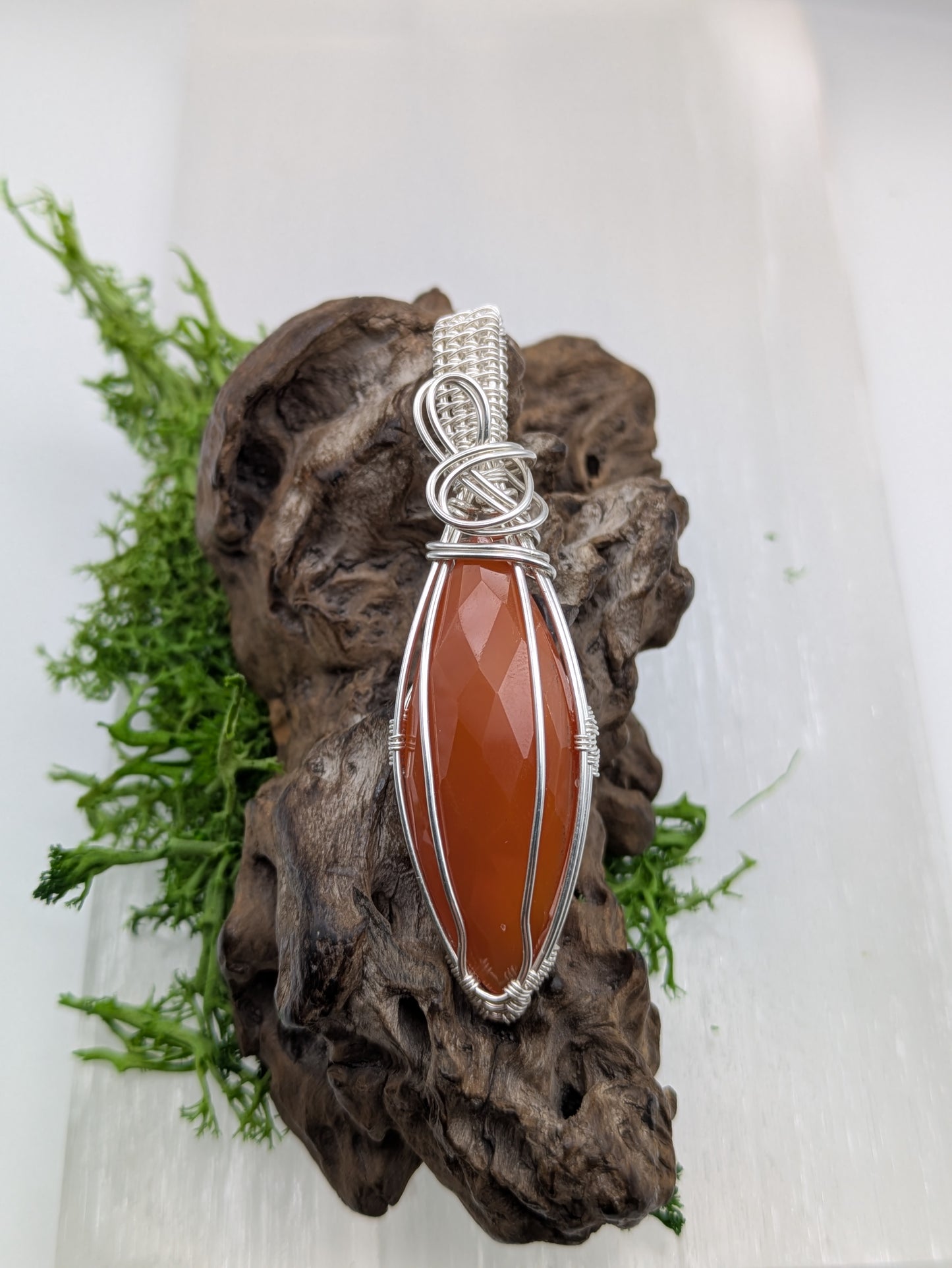 Faceted Marquis Carnelian Pendant, Hand-Wrapped in Sterling Silver