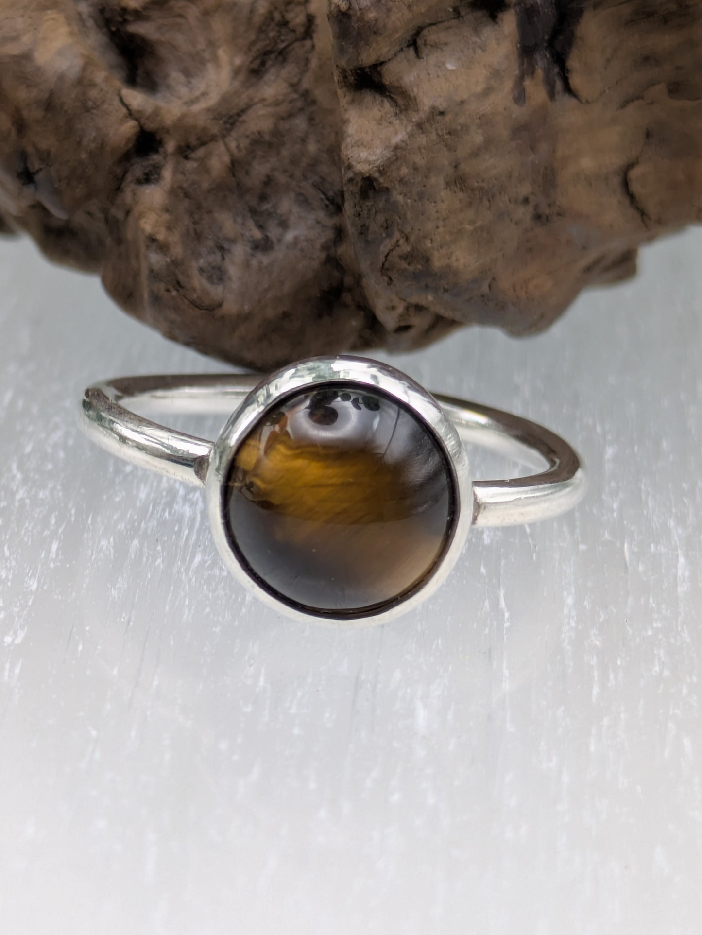 <img src="tigers-eye-ring.jpg" alt="Handmade Tiger's Eye ring in recycled sterling silver, UK size R, a bold crystal healing statement piece for strength and grounding">
