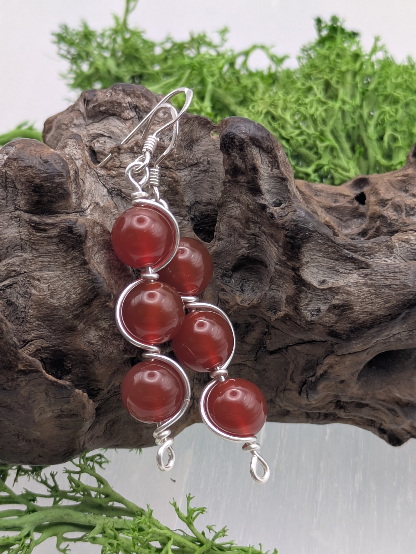 Triple Drop Carnelian Earrings, Silver Wire-Wrapped Gemstone Dangles for Passion & Motivation