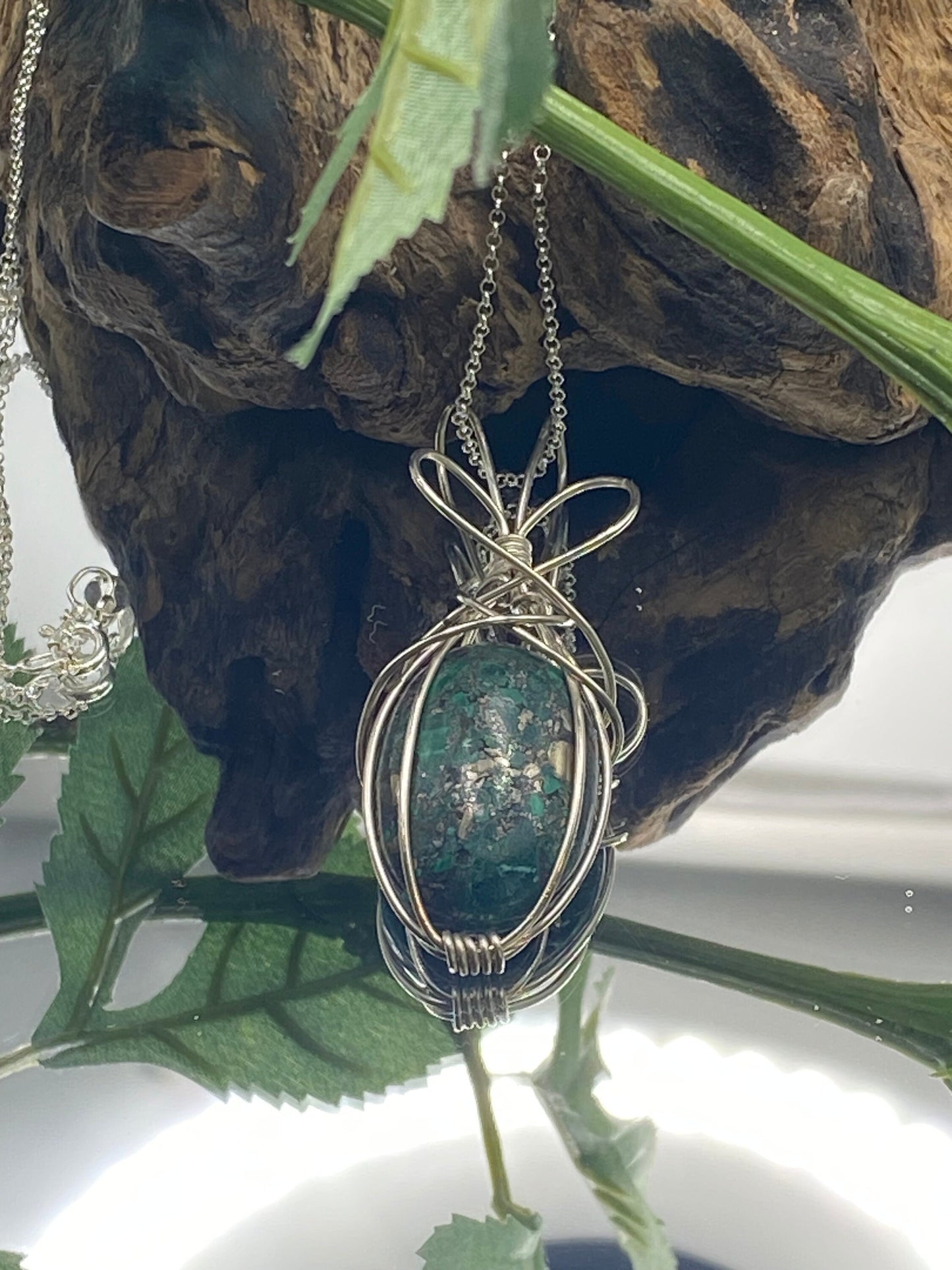 Malachite Gemstone and Pyrite Pendant, Argentium Sterling Silver Wrapped Crystal Necklace, Unique Handmade Gift,