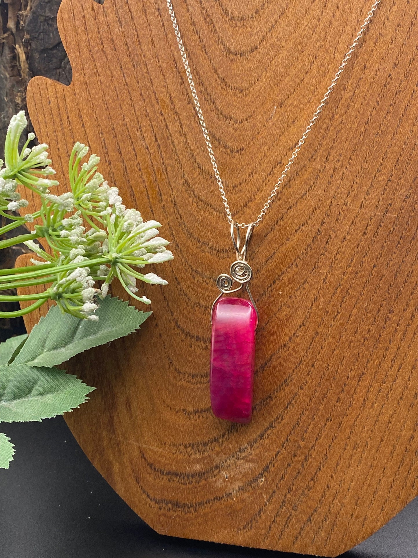 Pink Agate Gemstone and Silver Wrapped Pendant, Crystal Necklace, Unique Handmade Gift,