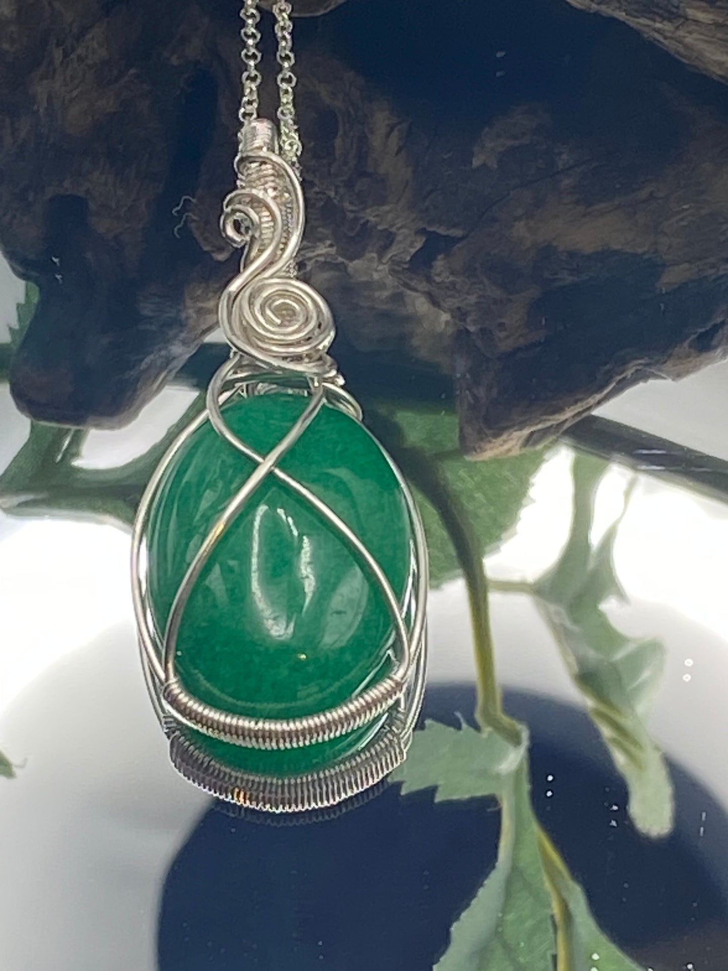 Jade Gemstone and Argentium Sterling Silver Wrapped Crystal Pendant, Unique Handmade Necklace,