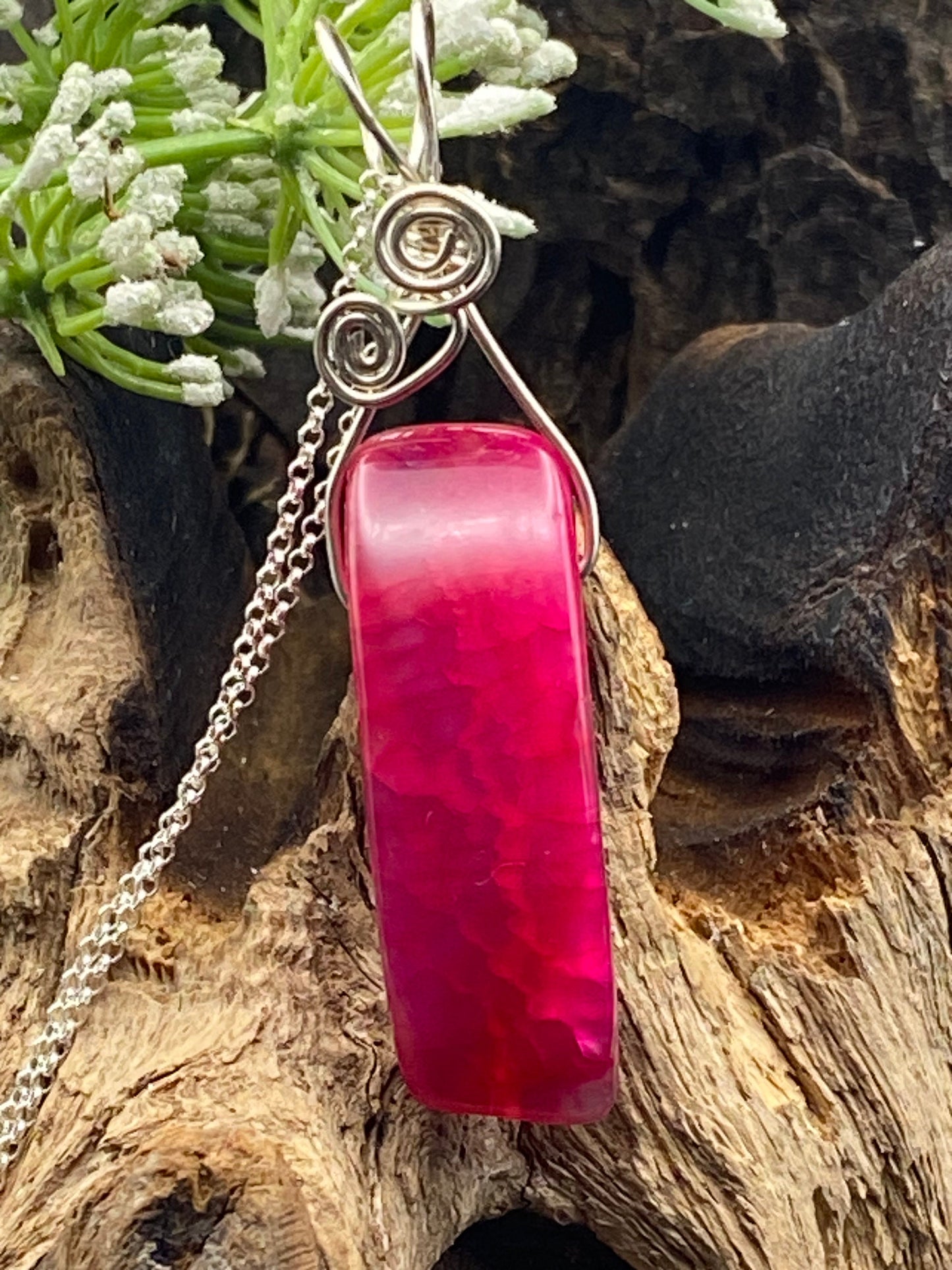 Pink Agate Gemstone and Silver Wrapped Pendant, Crystal Necklace, Unique Handmade Gift,