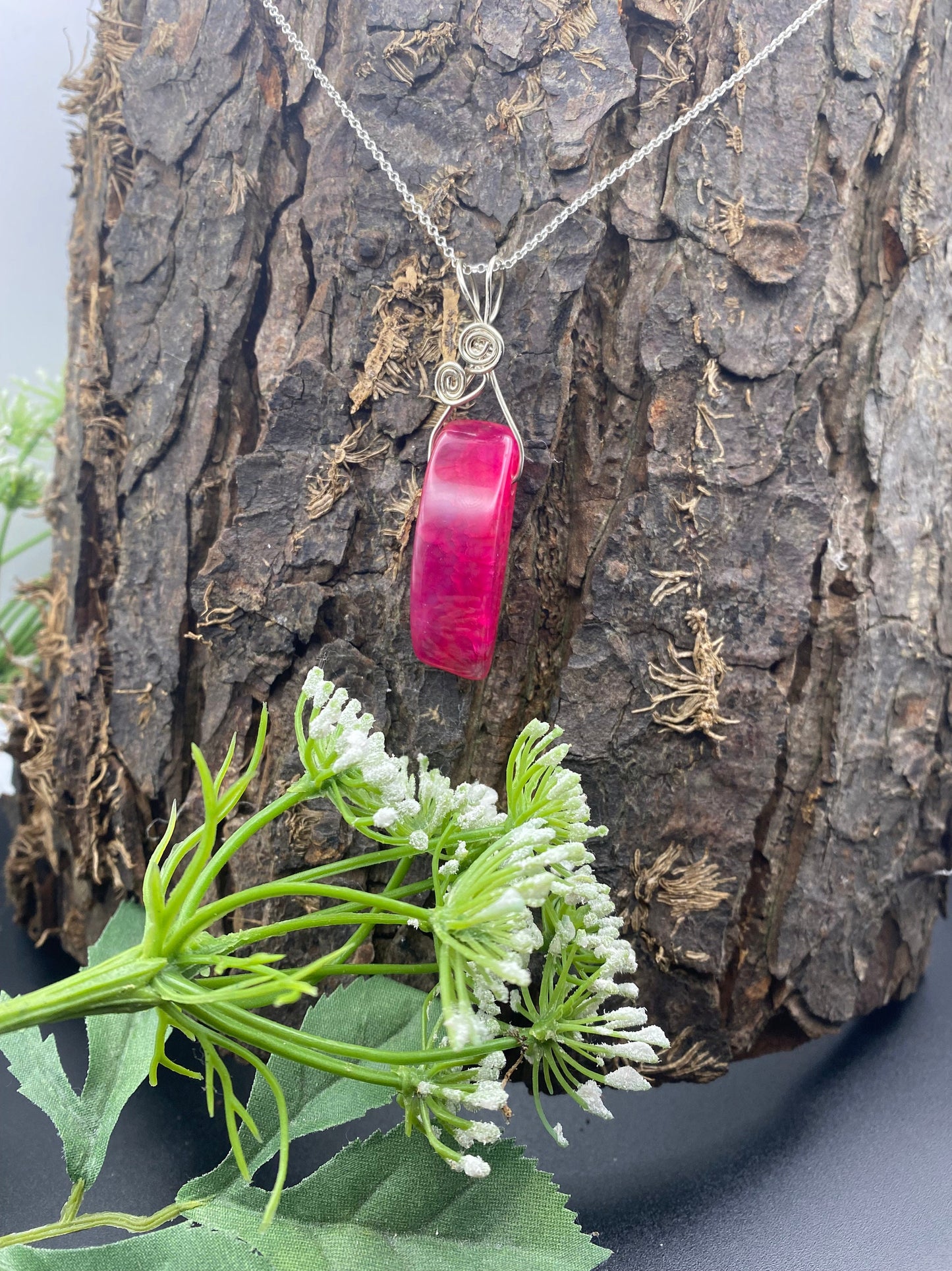 Pink Agate Gemstone and Silver Wrapped Pendant, Crystal Necklace, Unique Handmade Gift,
