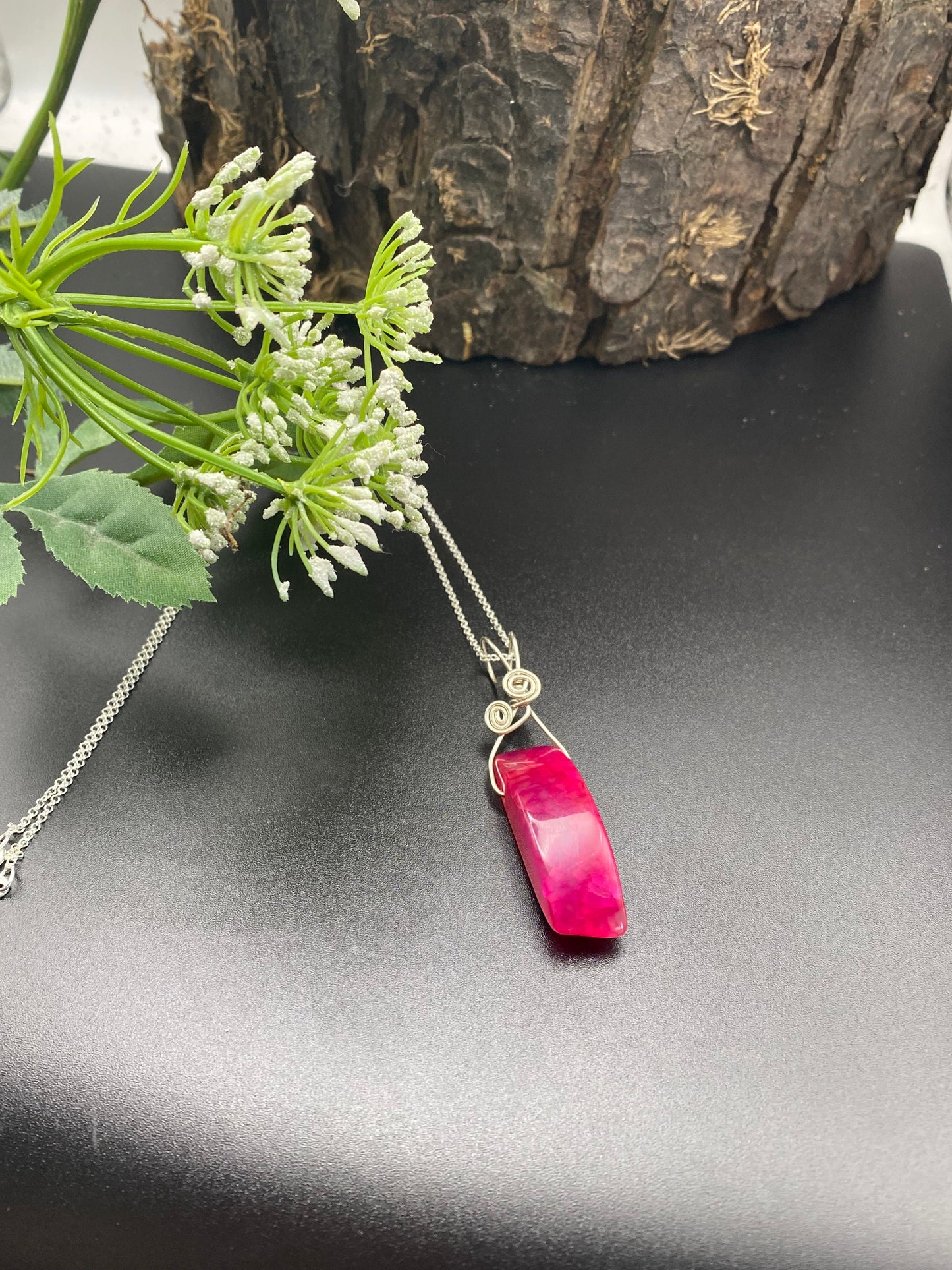 Pink Agate Gemstone and Silver Wrapped Pendant, Crystal Necklace, Unique Handmade Gift,
