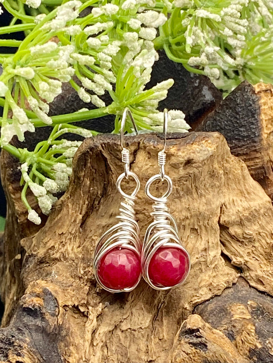 Ruby Red Gemstone and Silver Herringbone Wrapped Crystal Earrings, July Birthstone, Handcrafted Unique Gift