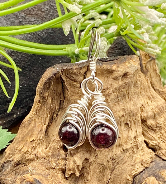 Garnet Gemstones and Silver Herringbone Wrapped Crystal Earrings, January Birthstone, Handcrafted Unique Gift.