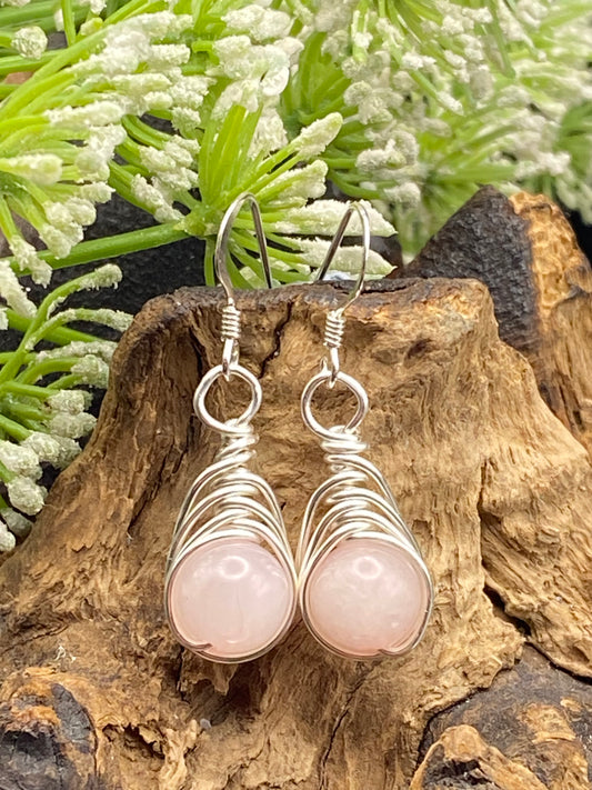 Rose Quartz Gemstone and Silver Herringbone Wrapped Crystal Earrings, October Birthstone Earrings, Unique Handmade Gift,