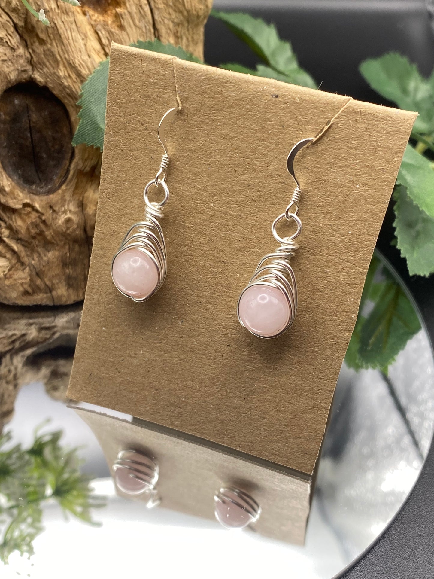 Rose Quartz Gemstone and Silver Herringbone Wrapped Crystal Earrings, October Birthstone Earrings, Unique Handmade Gift,