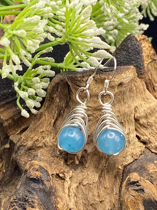 Aquamarine Gemstone and Silver Herringbone Wrapped Crystal Earrings, March Birthstone, Handcrafted Unique Gift