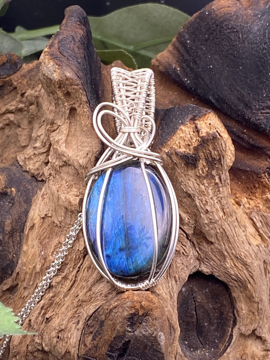 Labradorite Gemstone and Silver Wrapped Pendant, Crystal Necklace, Unique Gift