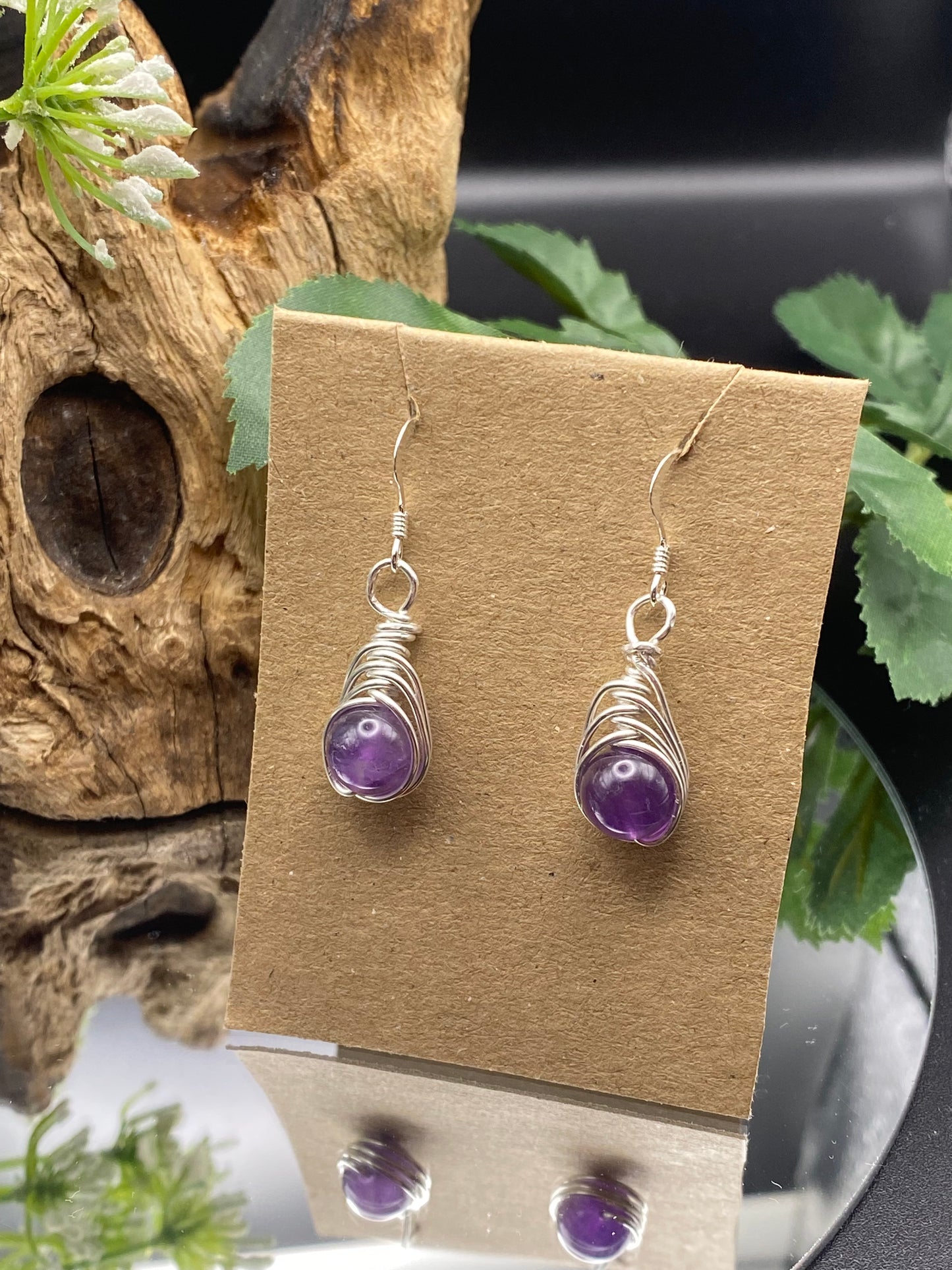 Amethyst Gemstone and Silver Herringbone Wrapped Crystal Earrings, February Birthstone, Handcrafted Unique Gift.