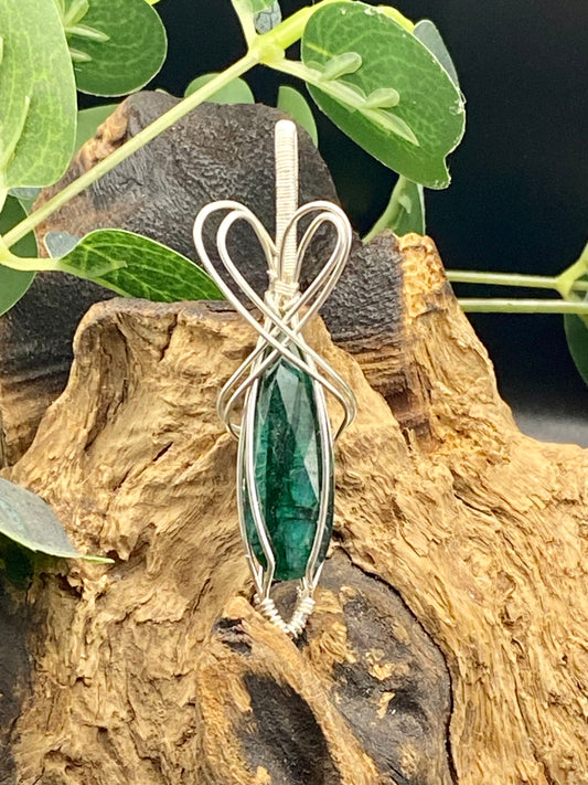 Emerald Green Gemstone Wrapped Pendant, Crystal Necklace, Unique Handcrafted Gift,