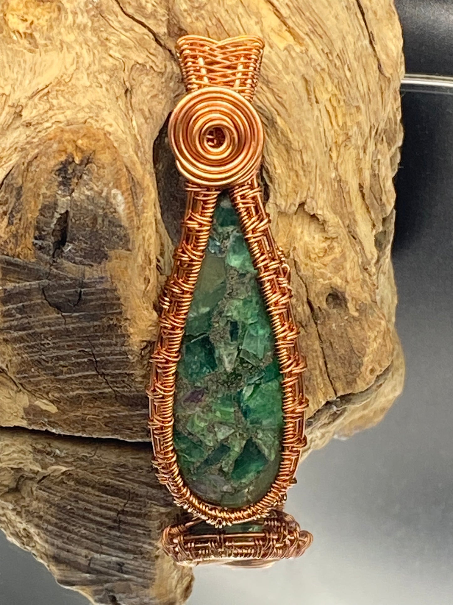 Fluorite and Pyrite Wrapped Pendant, Unique Handmade Necklace