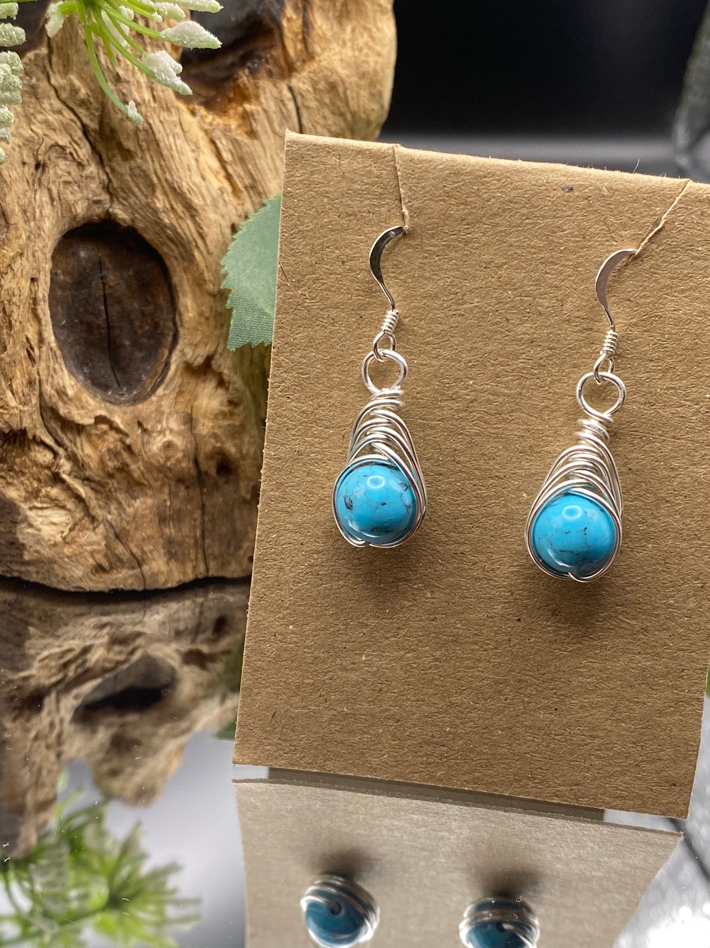 Turquoise Gemstone and Silver Herringbone Wrapped Crystal Earrings, December Birthstone, Unique Handmade Earrings,