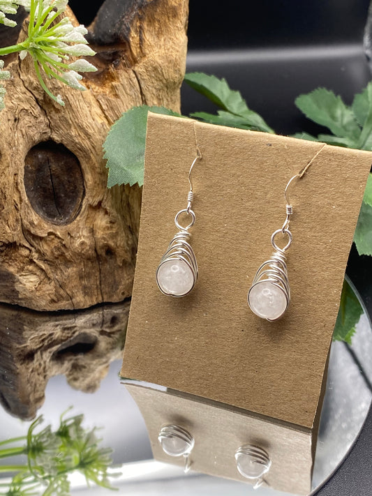 Quartz Gemstone and Silver Herringbone Wrapped Crystal Earrings, April Birthstone, Handcrafted Unique Gift.