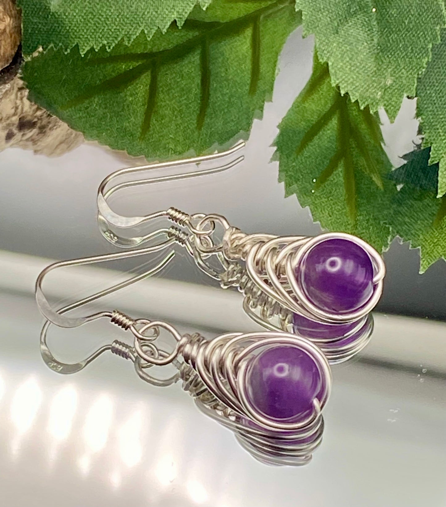 Amethyst Gemstone and Silver Herringbone Wrapped Crystal Earrings, February Birthstone, Handcrafted Unique Gift.