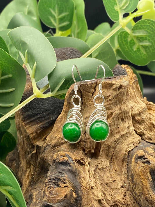 Emerald Green Gemstone and Silver Herringbone Wrapped Crystal Earrings, May Birthstone Earrings, Unique Handmade Earrings,