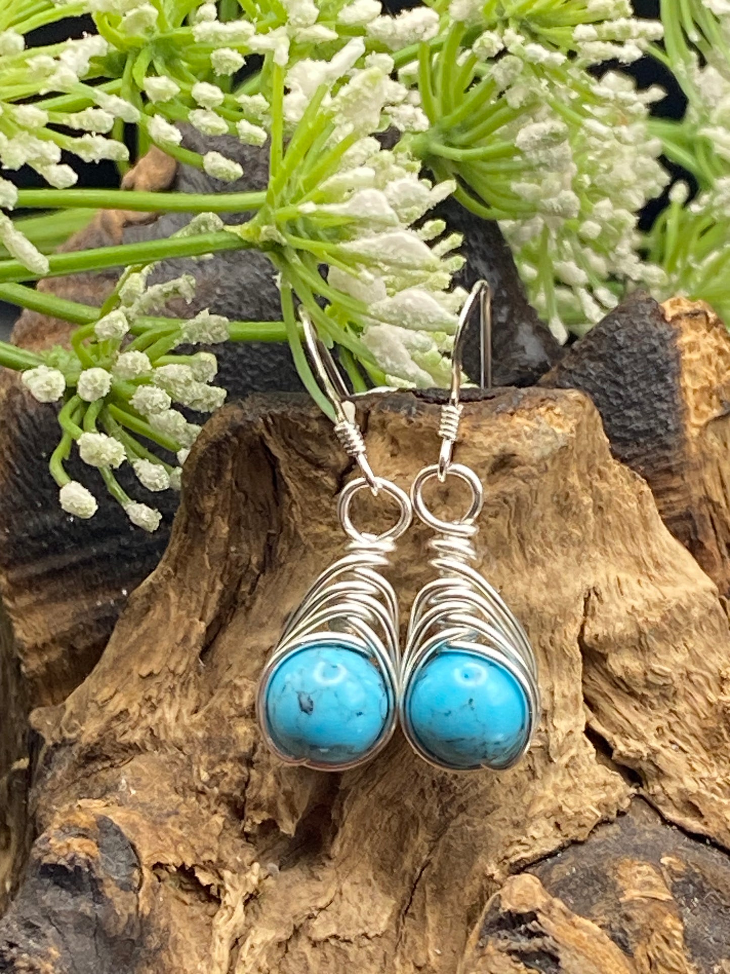 Turquoise Gemstone and Silver Herringbone Wrapped Crystal Earrings, December Birthstone, Unique Handmade Earrings,