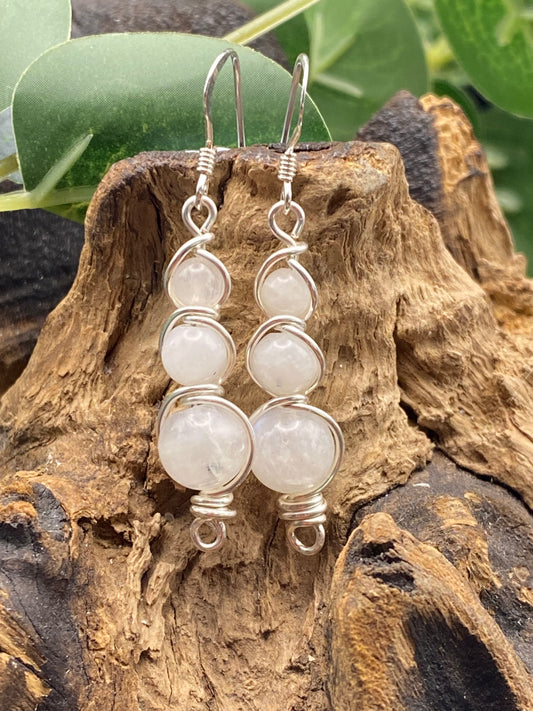 Moonstone Gemstone and Silver Wrapped Crystal Earrings, Unique Handmade Earrings,