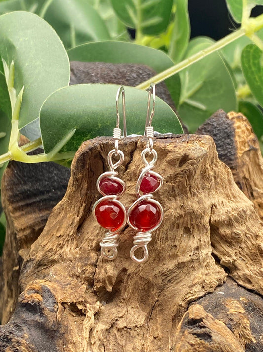 Ruby Red Gemstone and Silver Wrapped Crystal Earrings, Handcrafted Unique Earrings.