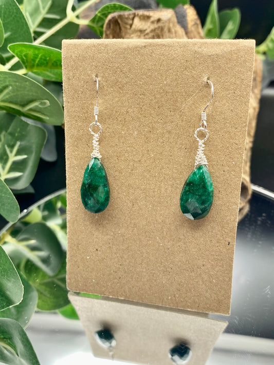 Emerald Green Gemstone Silver Wrapped Earrings, Crystal Earrings, Unique Handcrafted Earrings,